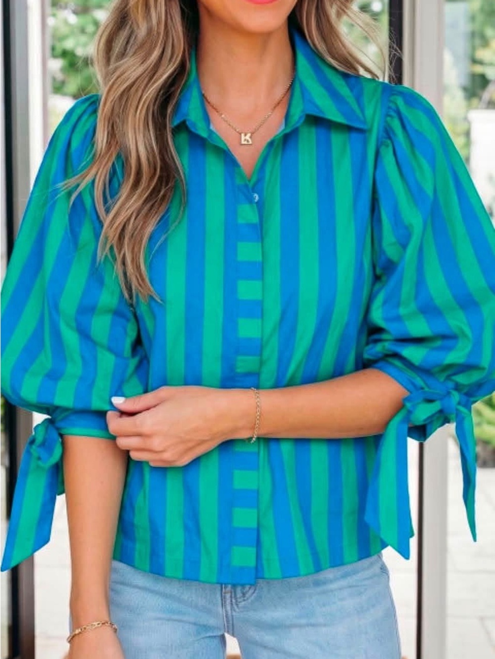 Scarlett Green & Blue Striped Tie-Sleeve Button-Down Shirt